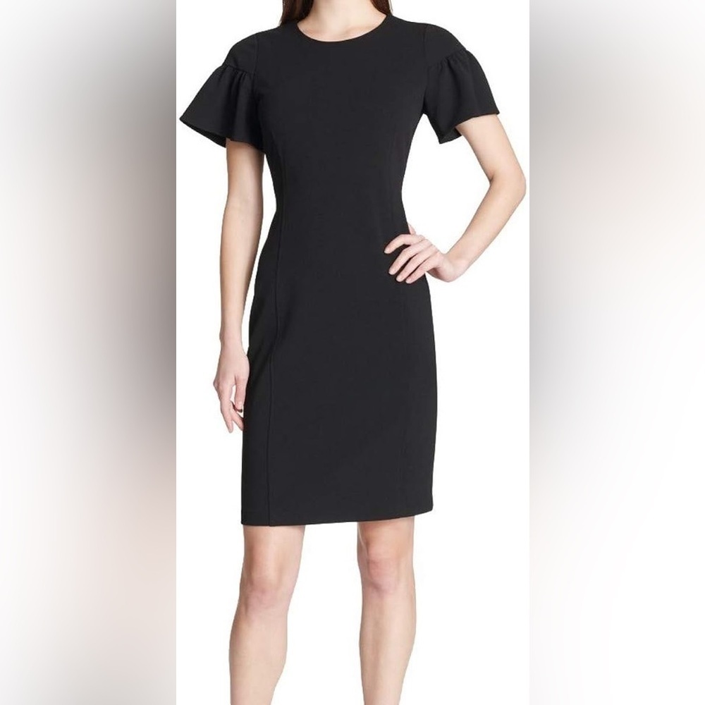 Calvin Klein Elegant Black FLUTTER SLEEVE SHEATH DRESS WOMENS SIZE 14